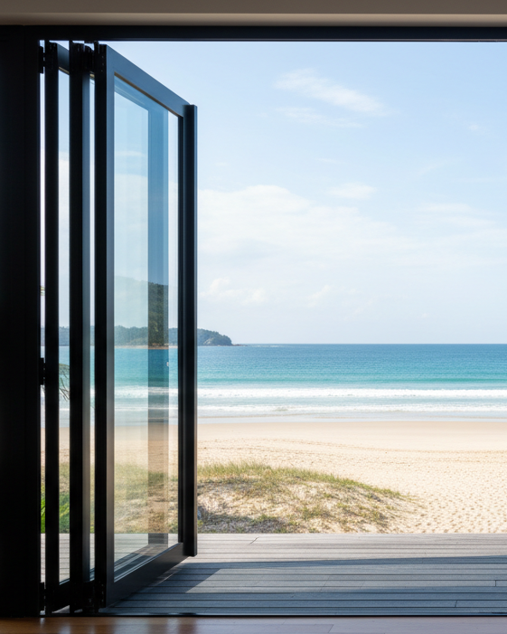 bifold doors black color looking at the beach vertical image size 310x330px